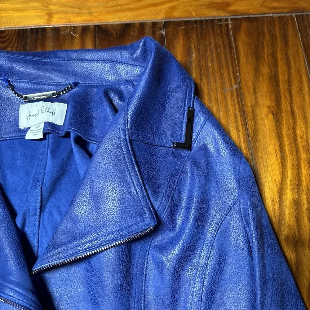 Joseph Ribkoff Sapphire Blue Faux Leather Moto Jacket Sz M A1084
